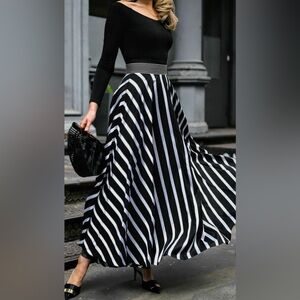 Elegant Black & White Striped Maxi Skirt